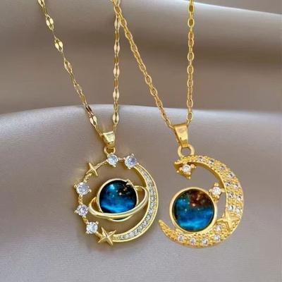 Glowing Blue Moon Gemstone Pendant Necklace for Women Star Charm Necklaces Elegant Night Sky Space Planet Jewelry for Daily Party Wear Gift