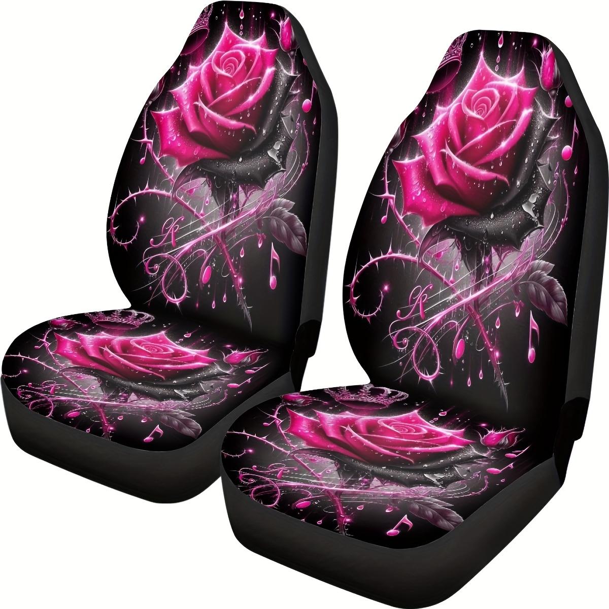 2pcs Pink Rose Car Seat Covers Elegant Pink Rose Print Car Seat Covers | Universal Front Bucket Seats