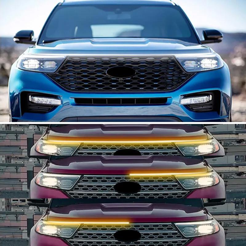 1Pc 1.8m/5.9ft Flexible Car Hood LED Meteor Strip Lights White Yellow Dynamic Scan Start Up Hoodbeam Kit For SUVs Trucks Vans