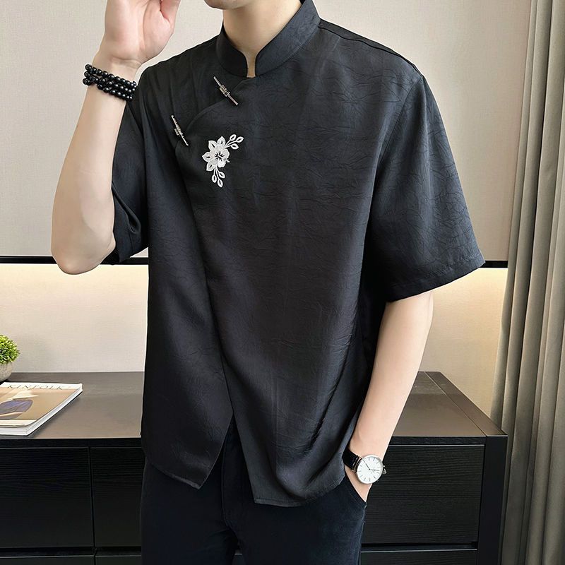 

Летние футболки с коротким рукавом Стильная цветочная вышивка Мужская одежда На все случаи жизни Китайский стиль Воротник-стойка Винтажные рубашки на пуговицах XXXL чёрный