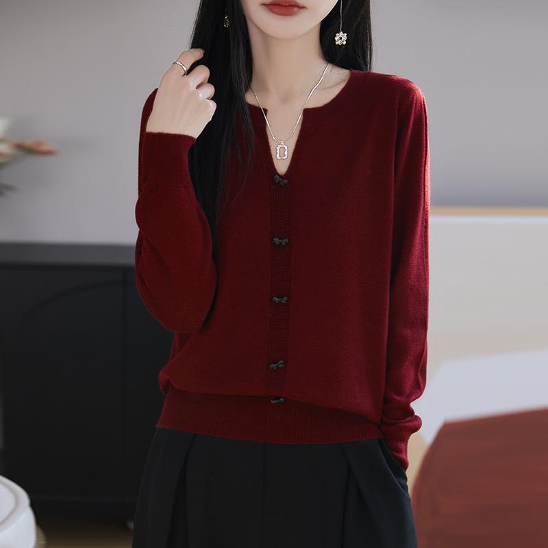 

Женский шерстяной свитер с V-образным вырезом - Пуловер в корейском стиле для осени/зимы с деталью в виде банта XL красный