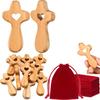 Olive Wood Pocket Cross Set 10 Pieces Hand Carved with Velvet Bags Heart Shape Design for Baptism and Communion