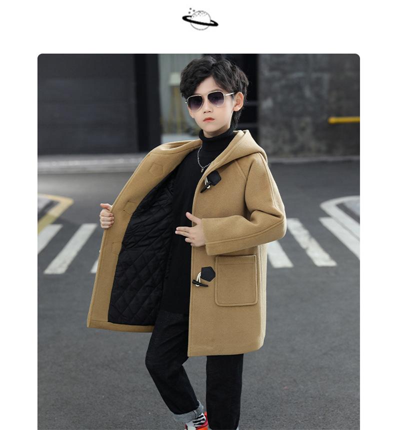 Jungen Wollmantel Wintermode Kapuzenjacke Solide Einreihig Plus Baumwolle Warme Oberbekleidung Kinder Hochwertiger Parka