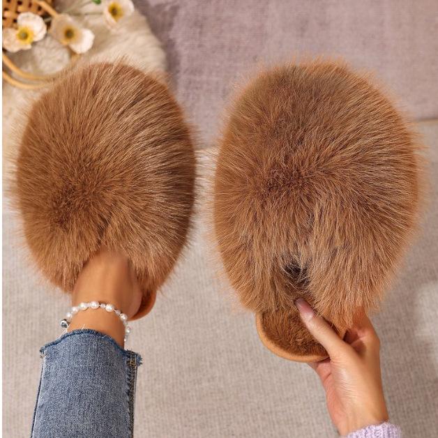Winter Solid Color Fluffy Big Fur Slippers  Korean Style Faux Fur Slippers with Non-Slip Rubber Sole