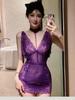 Sexy Deep V Neck Package Hip Dresses Women's Lace Nightie Allure Bandage Backless  Night Wear Dresses Transparent Mini Dresses