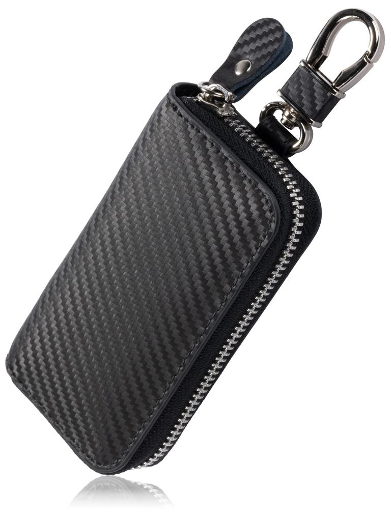 MURA Genuine Carbon Leather Key Case with Carapina and 6 Rings Men's (Black)