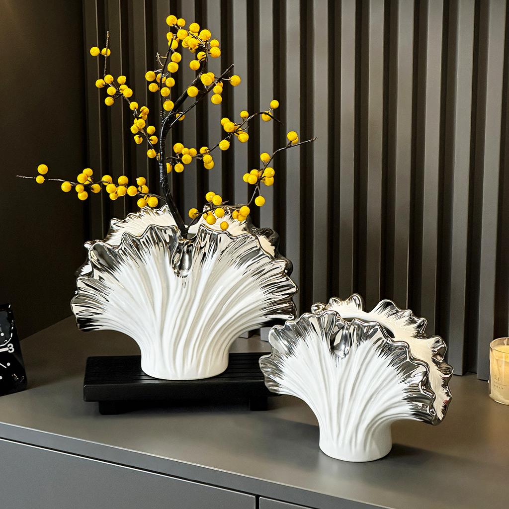 Ceramic Vase Simulated Shell Vase Gradient Silver Irregular Leaf Shape Flower Vase Home Decoration Accessories Terrarium