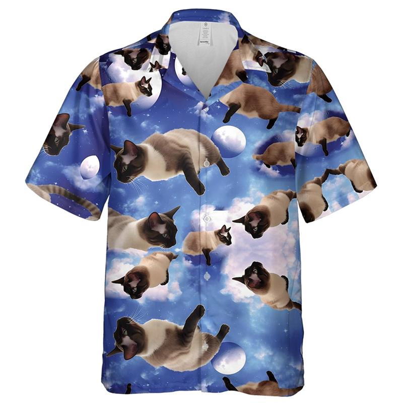 Camisas de Hombre con Estampado 3D de Gato Divertido Animal Ropa Hawaiana de Moda Camisa Manga Corta Blusas Casuales Abotonadura Sencilla Tops de Hombre con Gatos