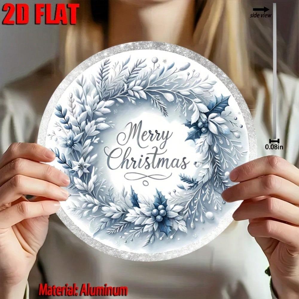 Elegant Blue White Christmas Wreath Floral Sign Round Aluminum Wall Art Holiday Home Porch Outdoor Gift