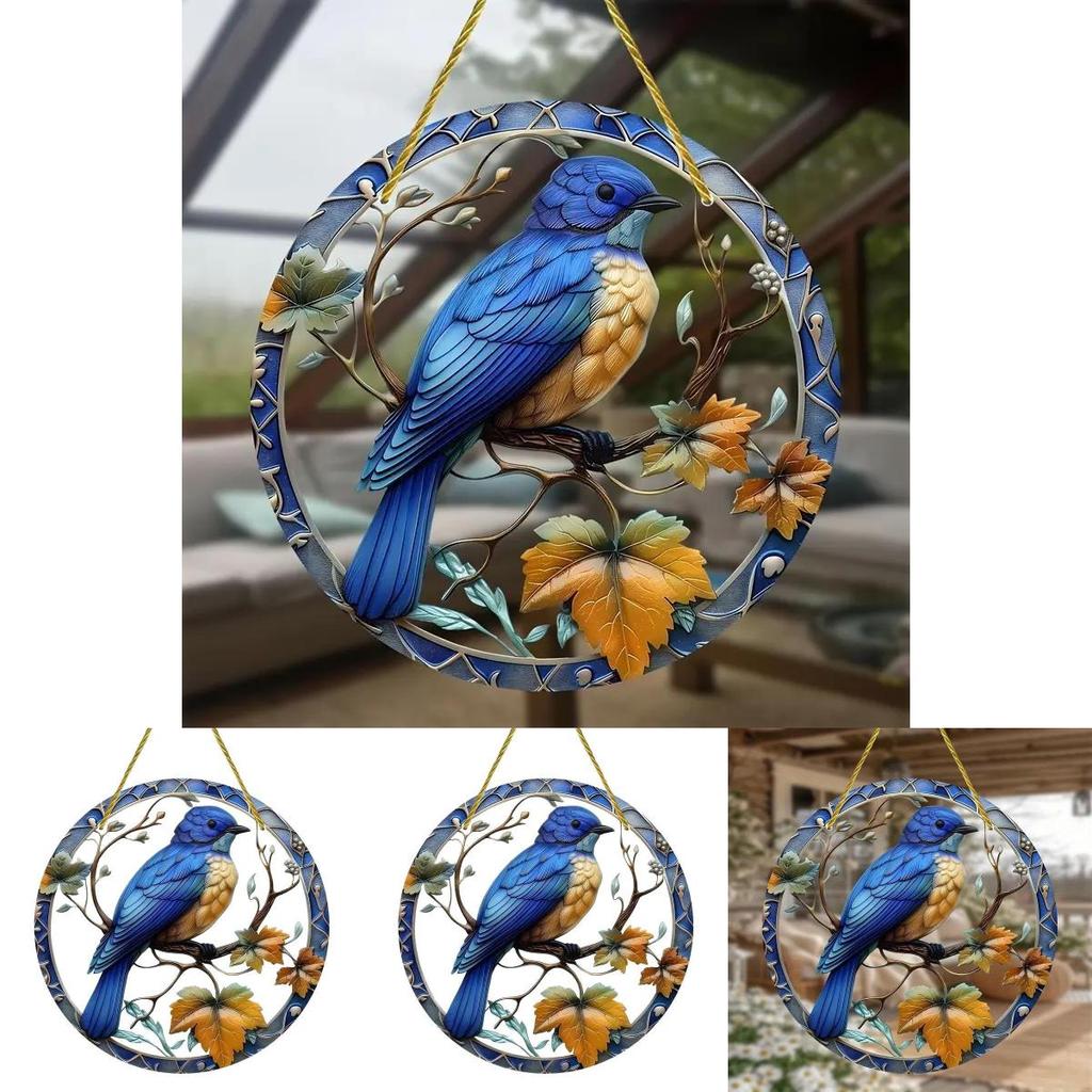 Simulated Blue Bird Branch Pattern Circular Acrylic Pendant For Garden Outdoor Decor