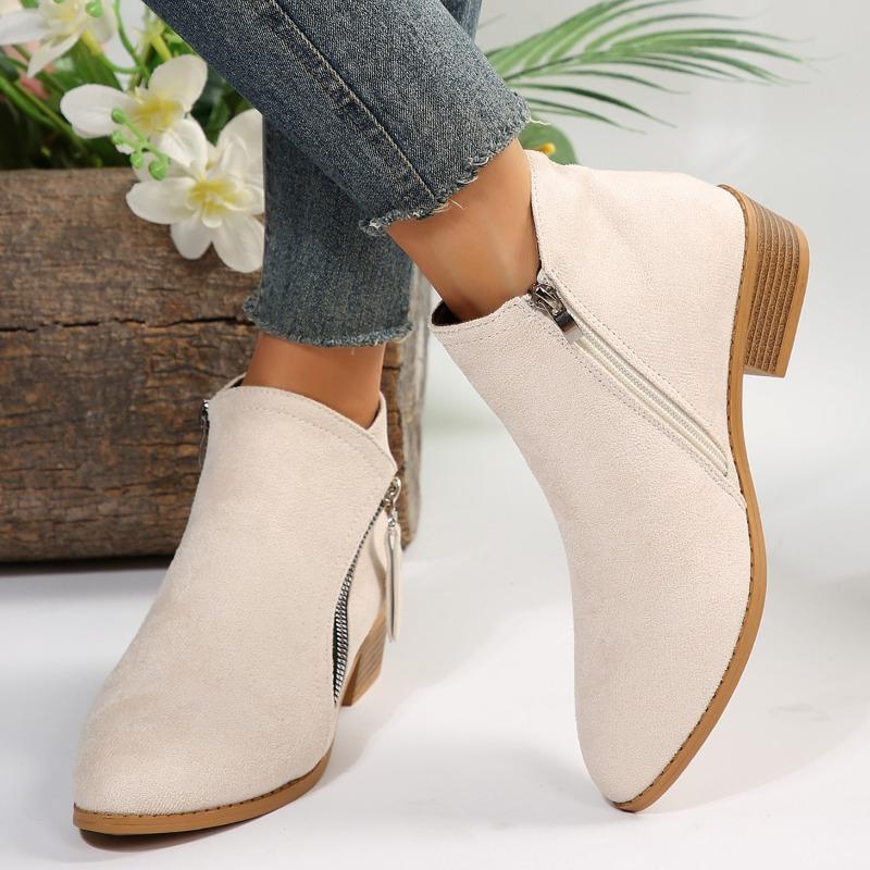 New large size pointed head low heel side zipper fashion boots women's reverse leather low tube fashion short boots women