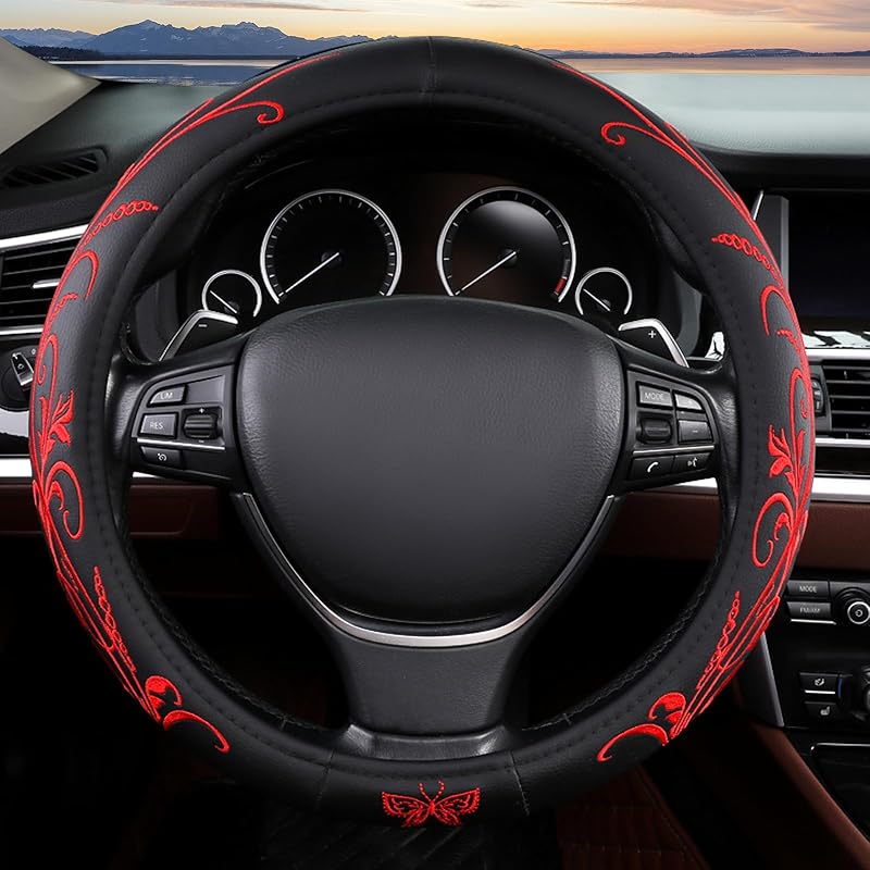 Wildflower Steering Wheel Cover, Flower Car Accessory For Diverse Cars, Steering Wheel Cover Non-Slip Breathable Fabric Absorbing Sweat Universal Car