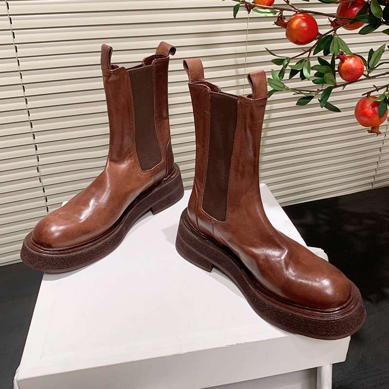 Krazing Pot Cow Leather Autumn Winter Shoes Round Toe Med Heels Slip On Concise Style Women Ankle Boots
