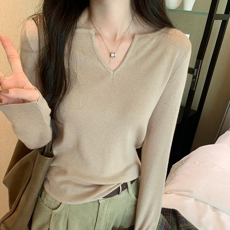 Lazy Style V-neck Pullover Long-sleeved Sweater for Women Autumn and Winter New Slim Fit Inner T-shirt Bottoming Shirt Trendy