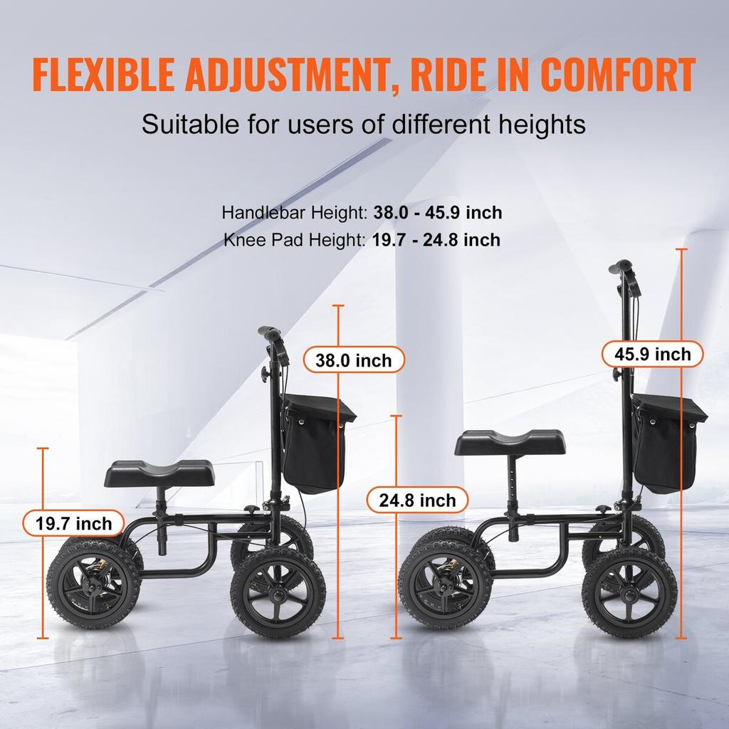 Folding Knee Scooter, Carbon Steel Steerable Knee Walker with Height-Adjustable Handlebar & Knee Pad, 12" All-Terrain Wheel, Dual Brakes, Leg Recovery
