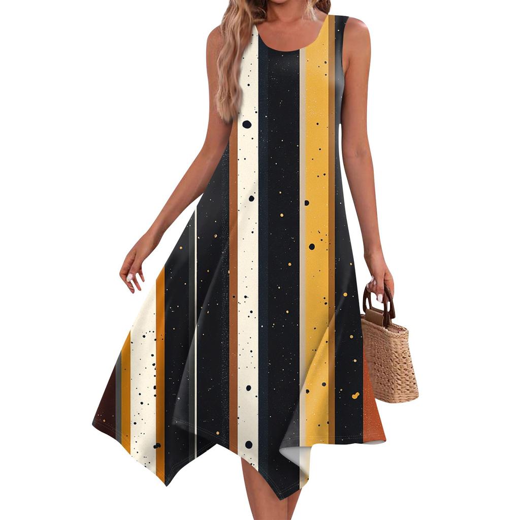 Women's Casual Fashion Round Neck Sleeveless Print Irregular Hem Midi Dress Hem Midi Dress