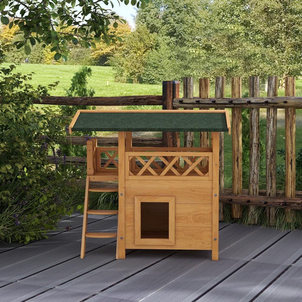 Outdoor Cat House with Terrace, Stairs, Roof, 77 x 50 x 73 cm, Natural and Green Wood