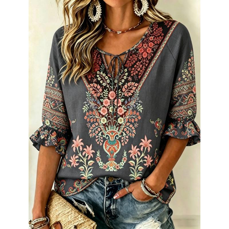 Women's Burgundy Ornate Floral Print Tie Front Blouse, Casual Loose Top for Spring Summer Daily Wear