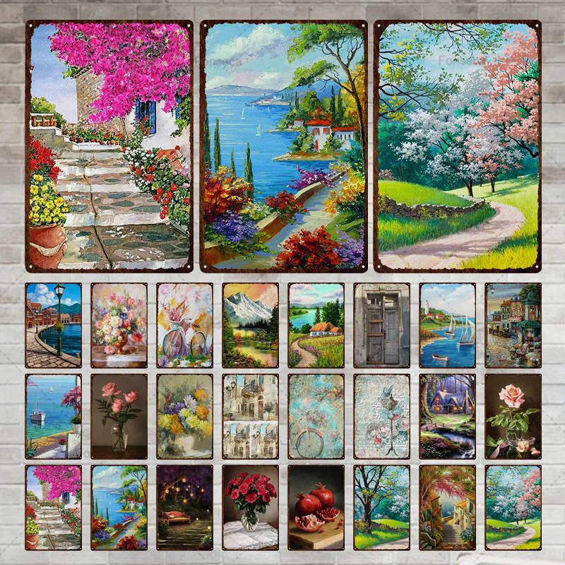 Flower Potted Landscape Metal Sign Vintage Tin Sign Metal Vintage Bar Vintage Wall Decoration Bar Club Man Cave Metal Poster