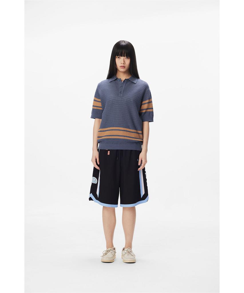 Sun Love Border Crochet Knit Polo Navy