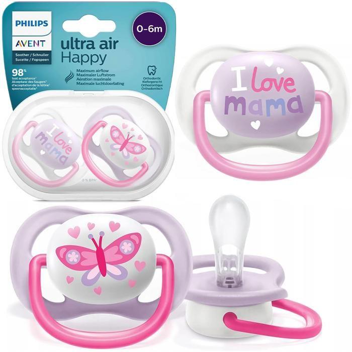 Sucette Avent Symétrique Ultra Air +0m Love Mama Rose Lot de 2 - Marque Avent - Tétine bout aplati - Silicone