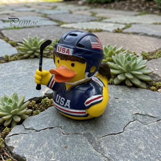 Niche Sports Event Peripheral Hockey Player Rubber Duck Resin Figurine, Statue with Complete Helmet Sturdy Sculpture Stick Jersey Gear, Weatherproof