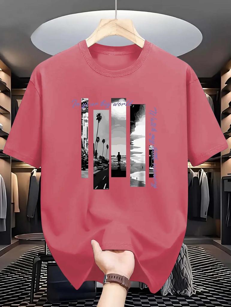 Summer Fashionable  Crew Neck T-Shirt - Men's Casual Short-Sleeve Tee with Seaside Letter Print, Slight Stretch, 180gsm