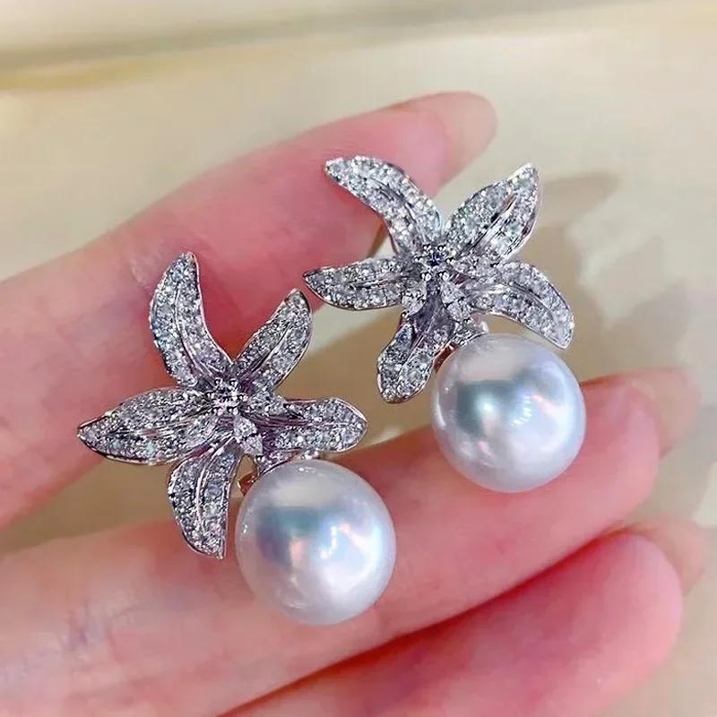 High-End And Fashionable Ocean Pearl Earrings, Set With Cubic Zirconia Women'S Luxurious Fashion Jewelry