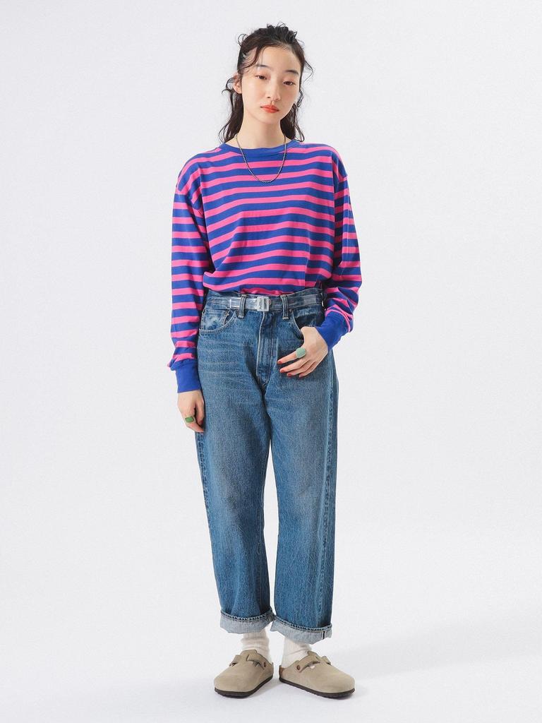 Beams Boy Women's Basic Striped Long Sleeve L/S Tee, Blue/Pink, Free Size