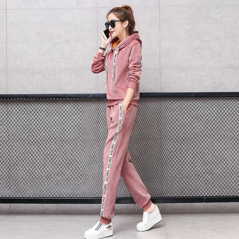 Completo di Velluto Dorato Moda Donna Autunno e Inverno Abbigliamento Sportivo Maglione Spesso con Velluto Interno Completo Due Pezzi Casual Donna