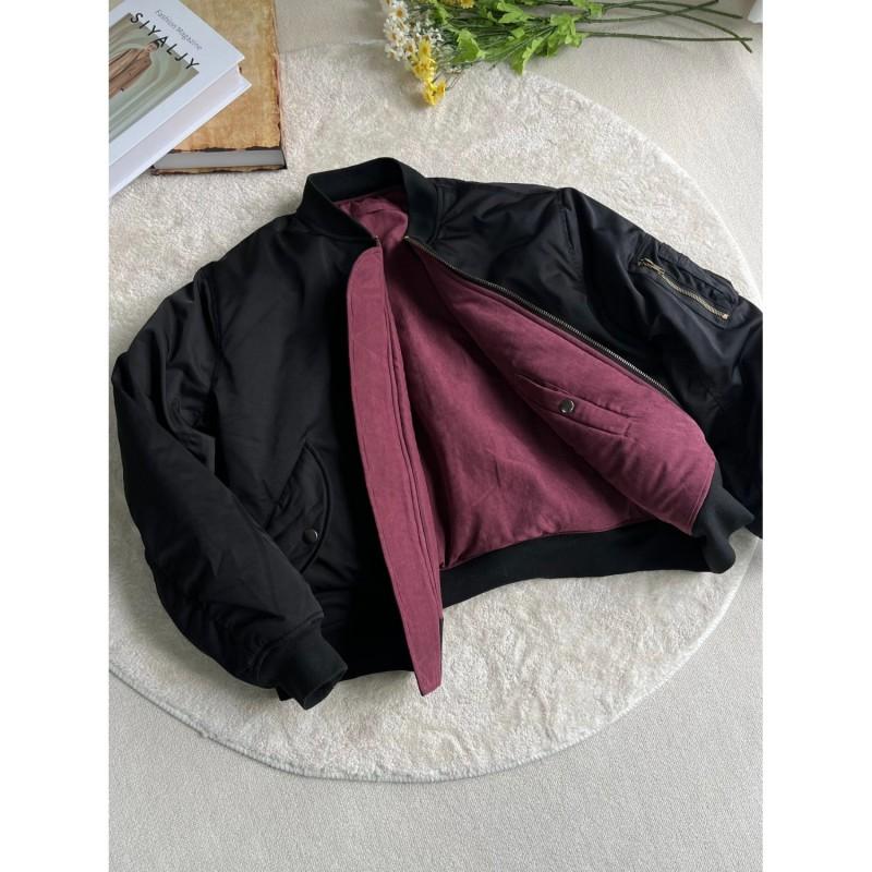 Wine Red Velvet Reversible Bomber Jacket MA1 Style Padded Coat Teens Casual Winter