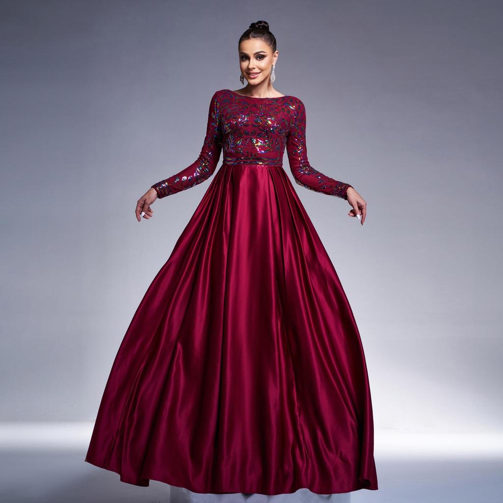 Elegantes europäisches & amerikanisches Langarm-Pailletten-Abendkleid