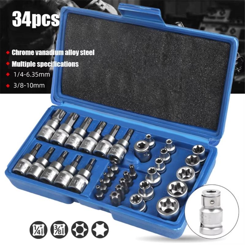 Complete 34Pieces 3/8'' Drive Socket and Bit Kit Male / Female with Storage Box for Home Repairs and Professional Use