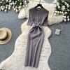 Solid O-neck Knitted Sweater Dress for Women Summer Autumn Short-Sleeve Single-Breasted Tie-Waist Slimming Elegant Bodycon Dress
