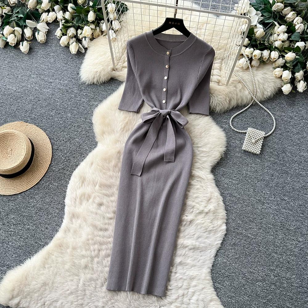 Solid O-neck Knitted Sweater Dress for Women Summer Autumn Short-Sleeve Single-Breasted Tie-Waist Slimming Elegant Bodycon Dress
