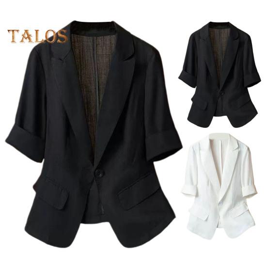 Damen Blazer mit Revers und Knopfleiste, einfarbig, lässig, lockerer Mantel, Dreiviertelärmel, dünnes Sommeranzugoberteil für das Pendeln im Büro