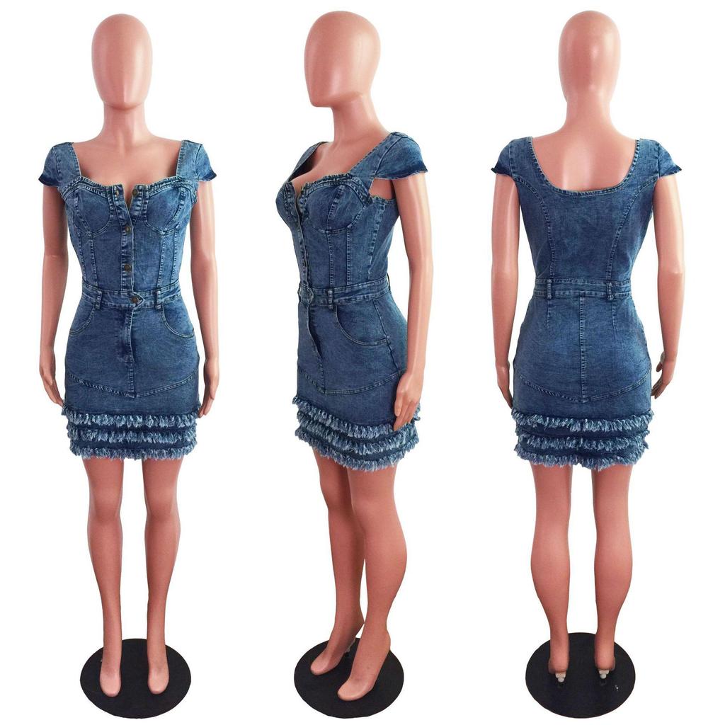Women's Slim Fit Raw Edge Tassel Denim Dress