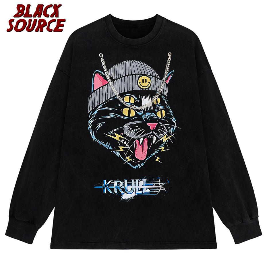 Hip Hop Oversized Tshirt Streetwear Cat Graphic Print Punk Gothic TShirt Men Casual Washed Tee Shirts Harajuku Cotton Tops