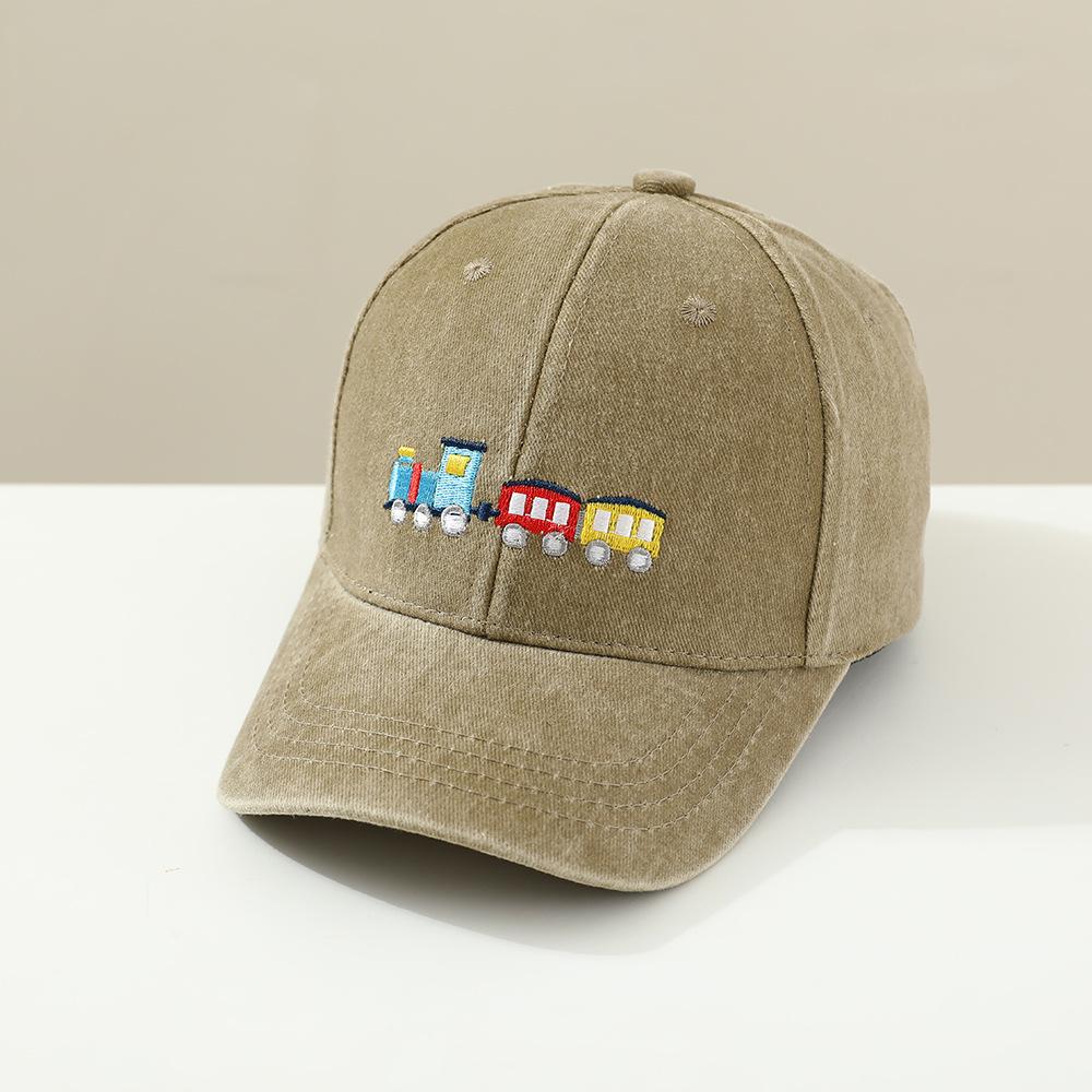Children's hats, small trains, embroidery washed baseball caps, spring and autumn boys and girls outdoor sunshade peaked caps
