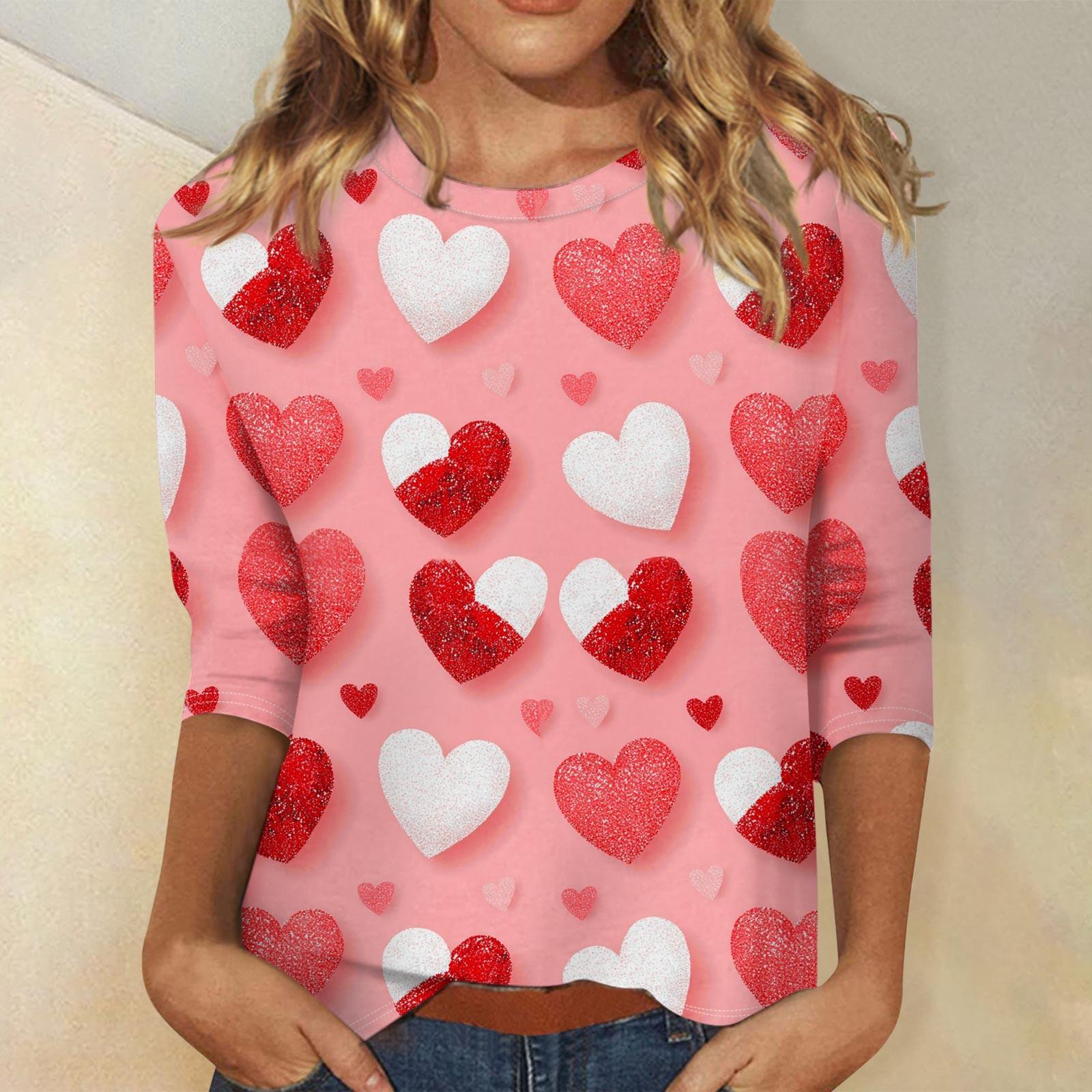 

Жіночі топи з рукавом три чверті, сорочка до Дня Святого Валентина, з круглим вирізом, вільна повсякденна сорочка M рожевий