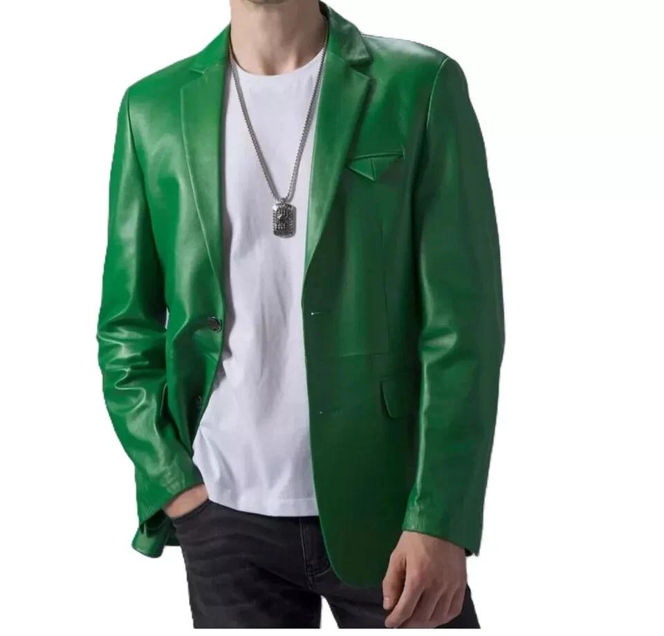 Lambskin Formal Stylish Men Blazer Green Two Button Handmade Genuine Leather