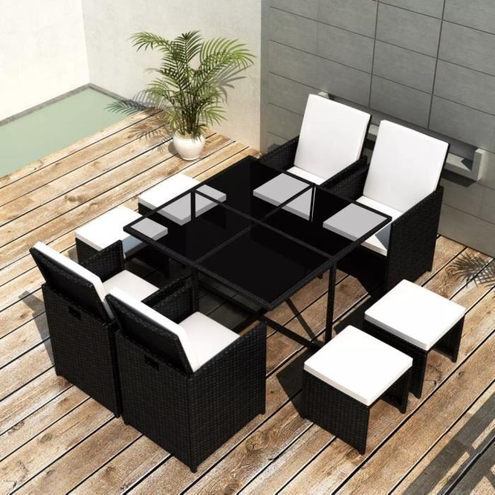 Ensemble à manger d’extérieur - vidaXL - 9 pcs - Résine tressée - Noir - Coussins amovibles