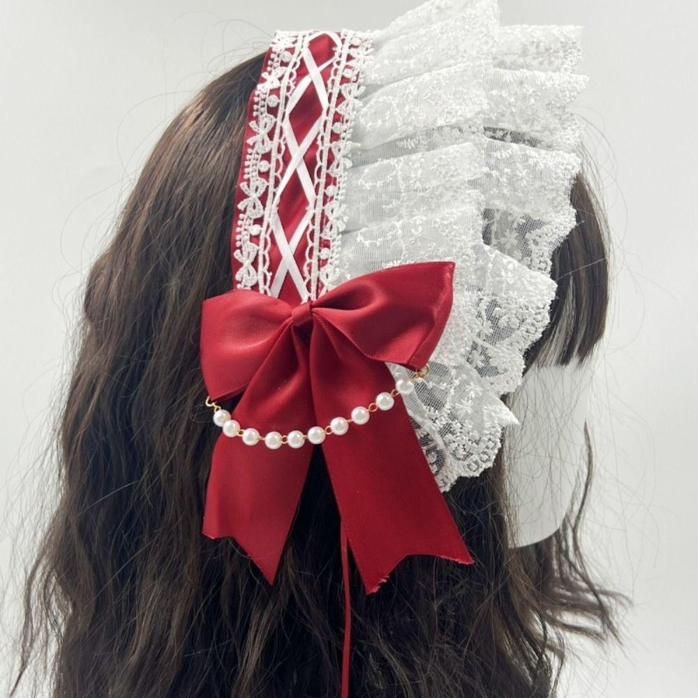 Ribbon Bow Ruffled Hairband Pearl Lolita Hair Clip Creative Lolita Lace Headband Daily