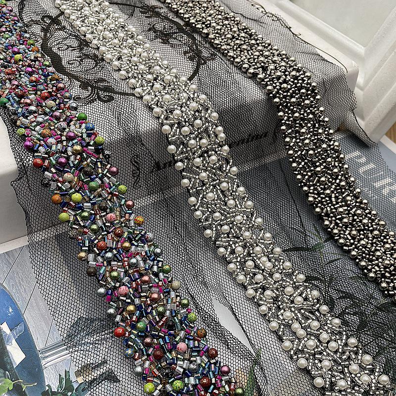 Perlenbesetztes Spitzenband Spitzenstoff Perlenfransenbesatz Bestickte Kragendekoration Afrikanischer Spitzenstoff Nähen DIY Handwerk