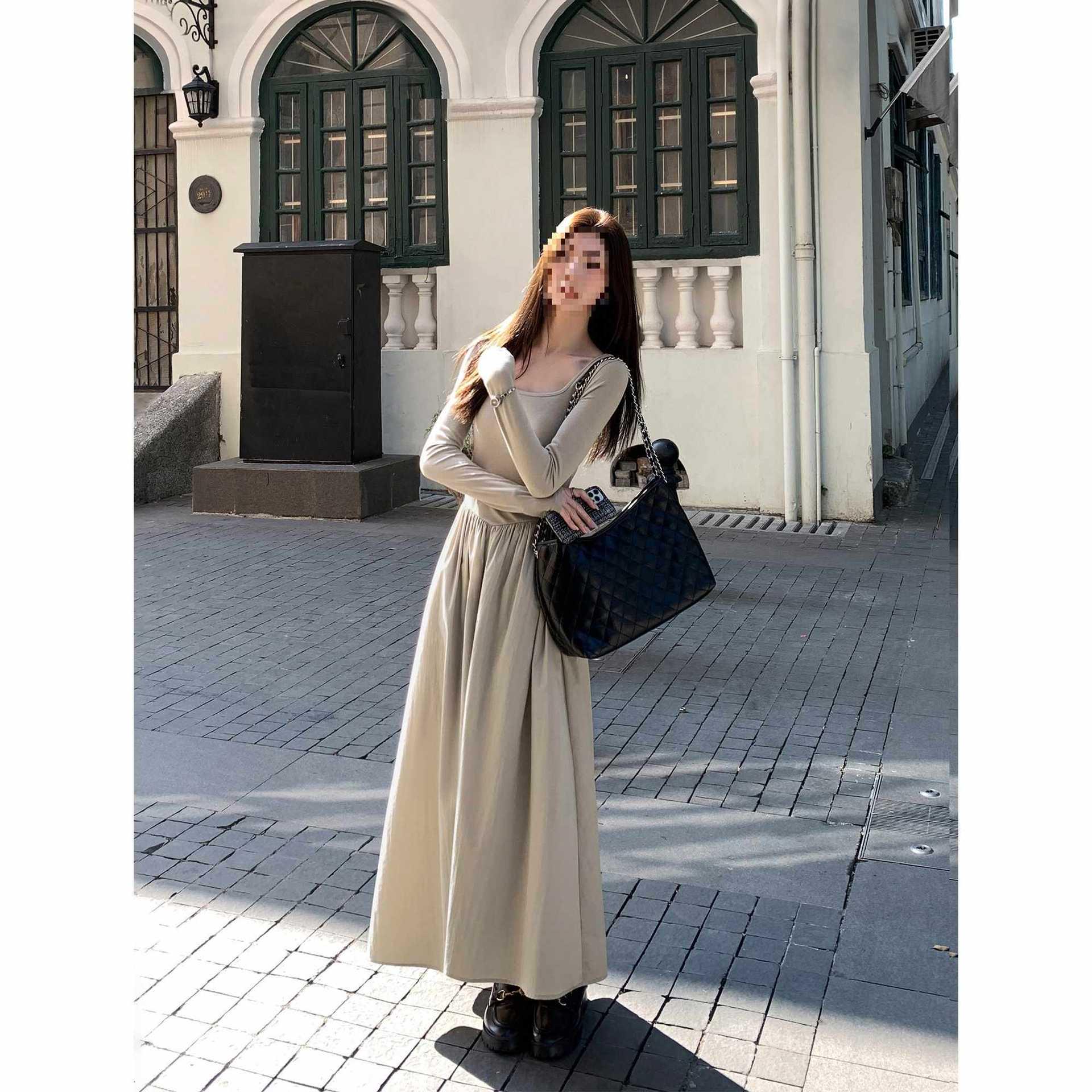 

Women s High-End French Square Neck Autumn Dress: Slimming Long Sleeve A-Line. Extra Large світлого кольору хакі