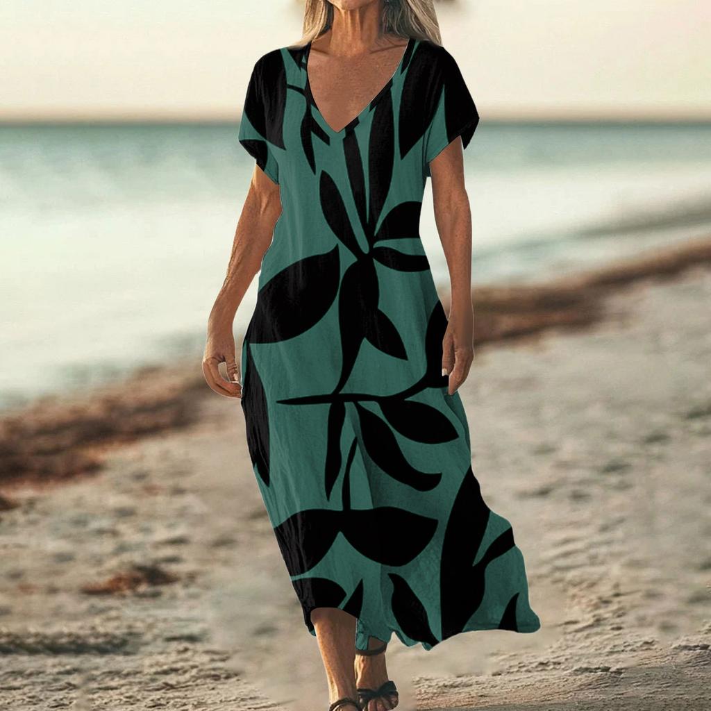 Fashion Women's Summer V-Neck Short Sleeve Floral Print Beach Dress