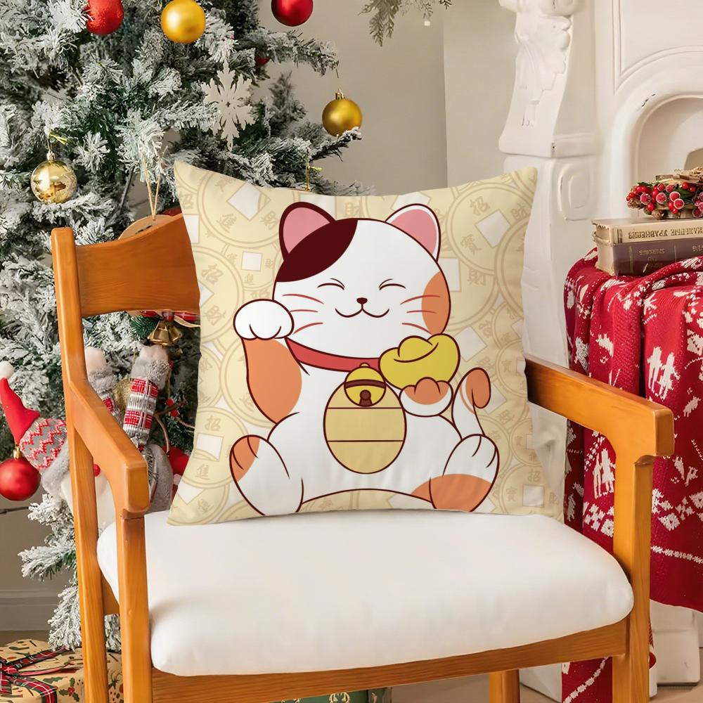 Cute Cartoon Festive Lucky Cat Pillow Case Silky Short Plush With Invisible Zipper Dustproof Sofa Cushion Cover