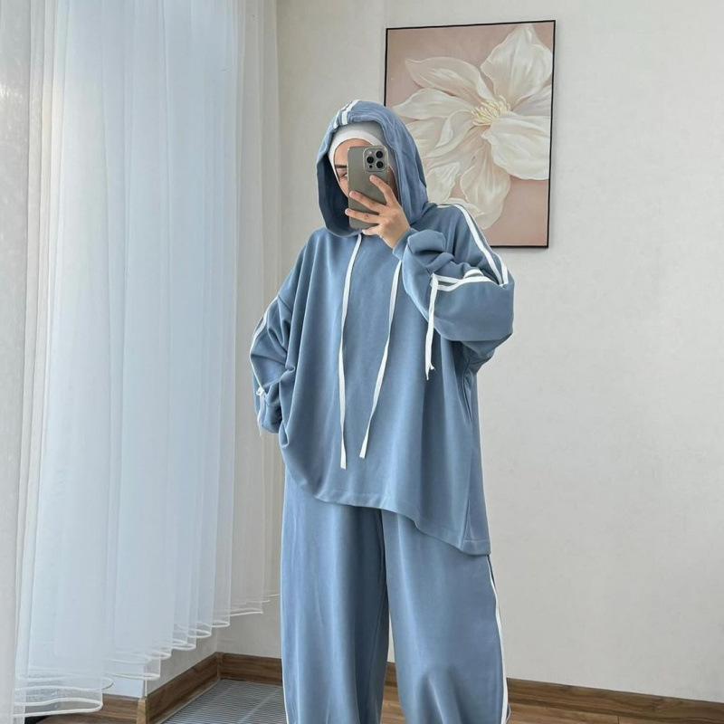 Women's Two Piece Outfit Hooded Sweatshirt Wide Leg Pants Set Casual Loose Tracksuit Muslim Modest Wear