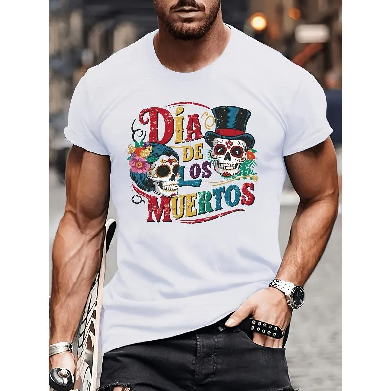 European sizes Men's Day of the Dead T-Shirt - Vibrant "Día de los Muertos" Design with Bone and Floral Print, Casual Short Sleeve Tee for Summer Wear
