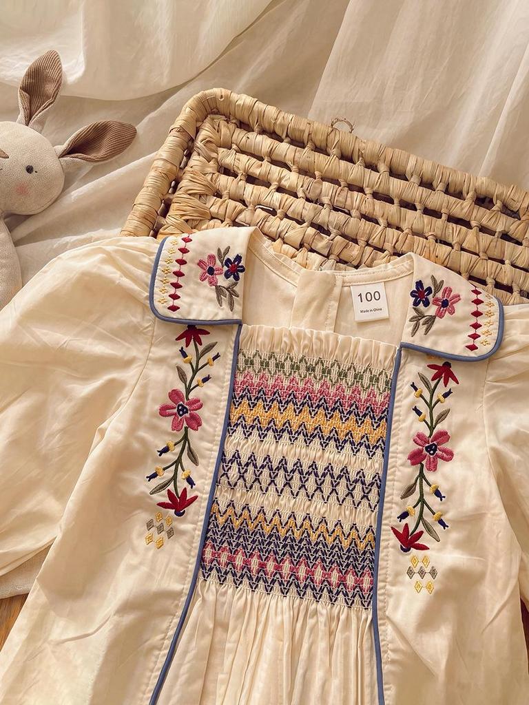 French Retro Floral Embroidery Long Sleeve Girls' Autumn Princess Dress with Lapel Shirring
